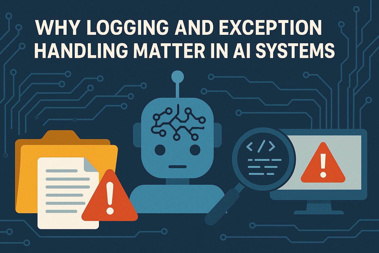 A digital illustration showing the importance of logging and exception handling in AI systems. Features include a computer monitor with an error warning symbol, a file folder with an alert icon, a robot head symbolizing AI, and a magnifying glass over code—all on a dark blue tech-themed background.
