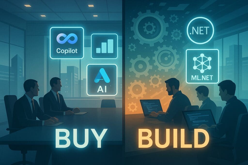 A digital illustration of a corporate conference room split into two sections. On the left, executives sit under glowing icons labeled Copilot, Power BI, and Azure AI, representing off-the-shelf AI tools. On the right, developers work on laptops beneath icons for .NET and ML.NET, symbolizing custom AI development. The background features a modern office setting with subtle lighting
