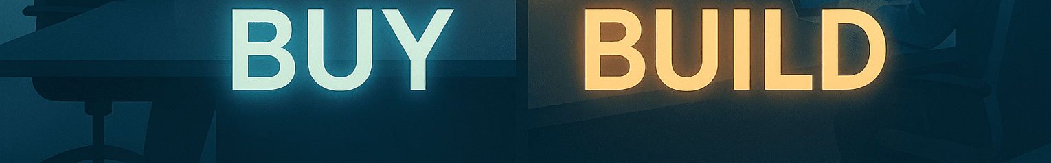 Landscape image showing executives choosing AI software tools versus developers building custom Microsoft-based AI solutions using .NET and ML.NET, set in a modern enterprise environment.