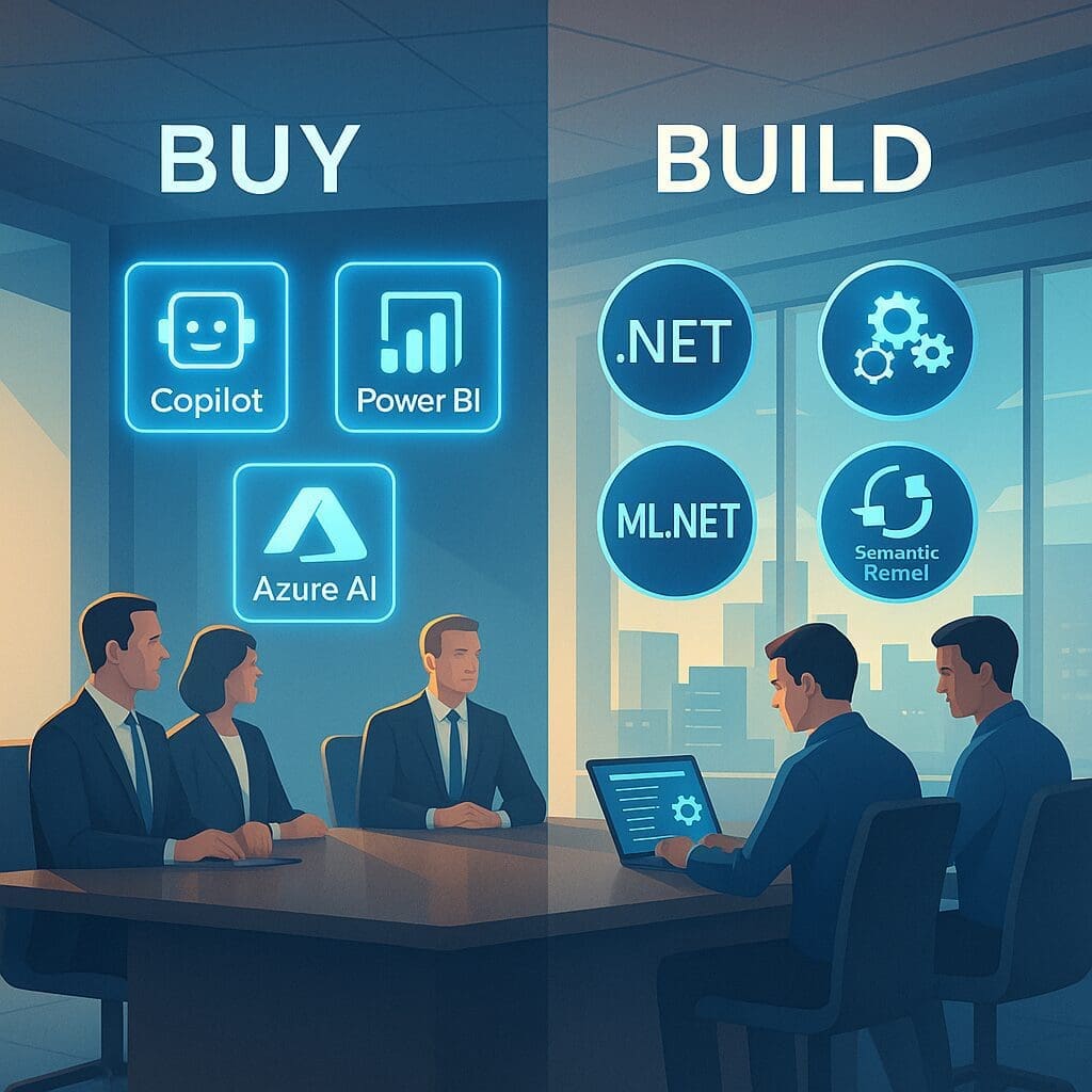 Square image showing executives evaluating AI software tools and developers building custom Microsoft-based AI systems using .NET, ML.NET, and Semantic Kernel in a corporate boardroom.