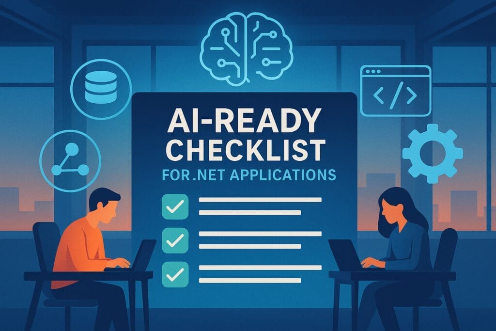 Landscape image showing developers reviewing an AI-readiness checklist for .NET apps, with glowing icons symbolizing data, code, and machine learning in a modern office setting