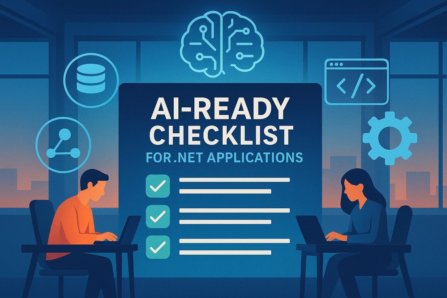 A modern digital illustration of a tech office with a large sign reading 'AI-READY CHECKLIST for .NET Applications' in the center. Developers sit on each side working on laptops, surrounded by glowing tech icons like a brain symbol, database, code window, and gear, representing AI readiness.