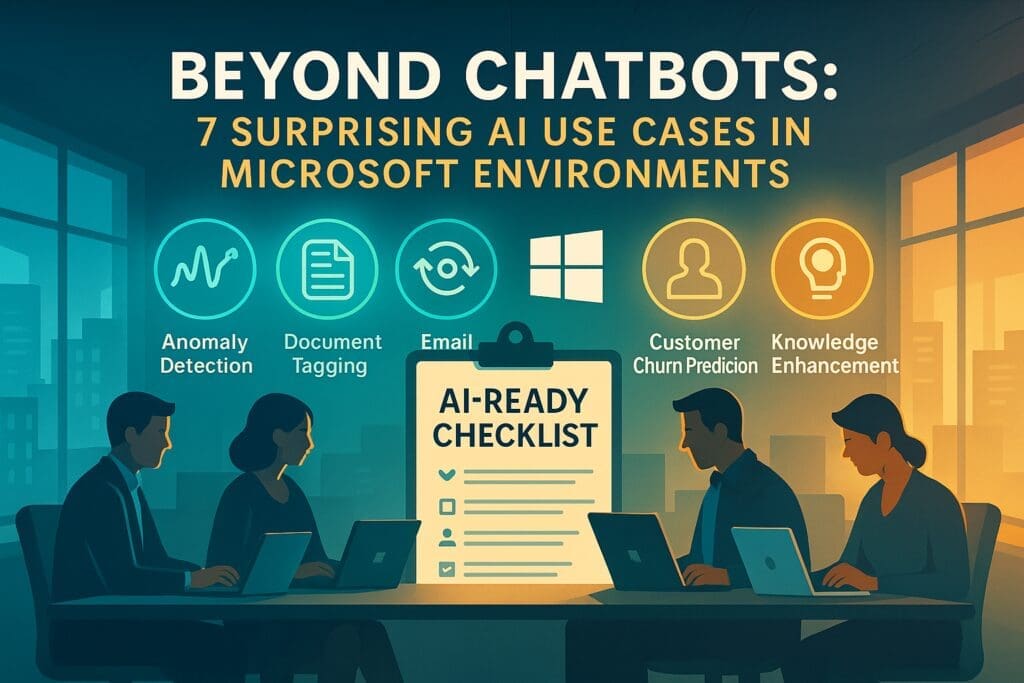Image illustrating seven non-chatbot AI use cases in Microsoft environments, with glowing icons and professionals working on laptops in a collaborative office setting