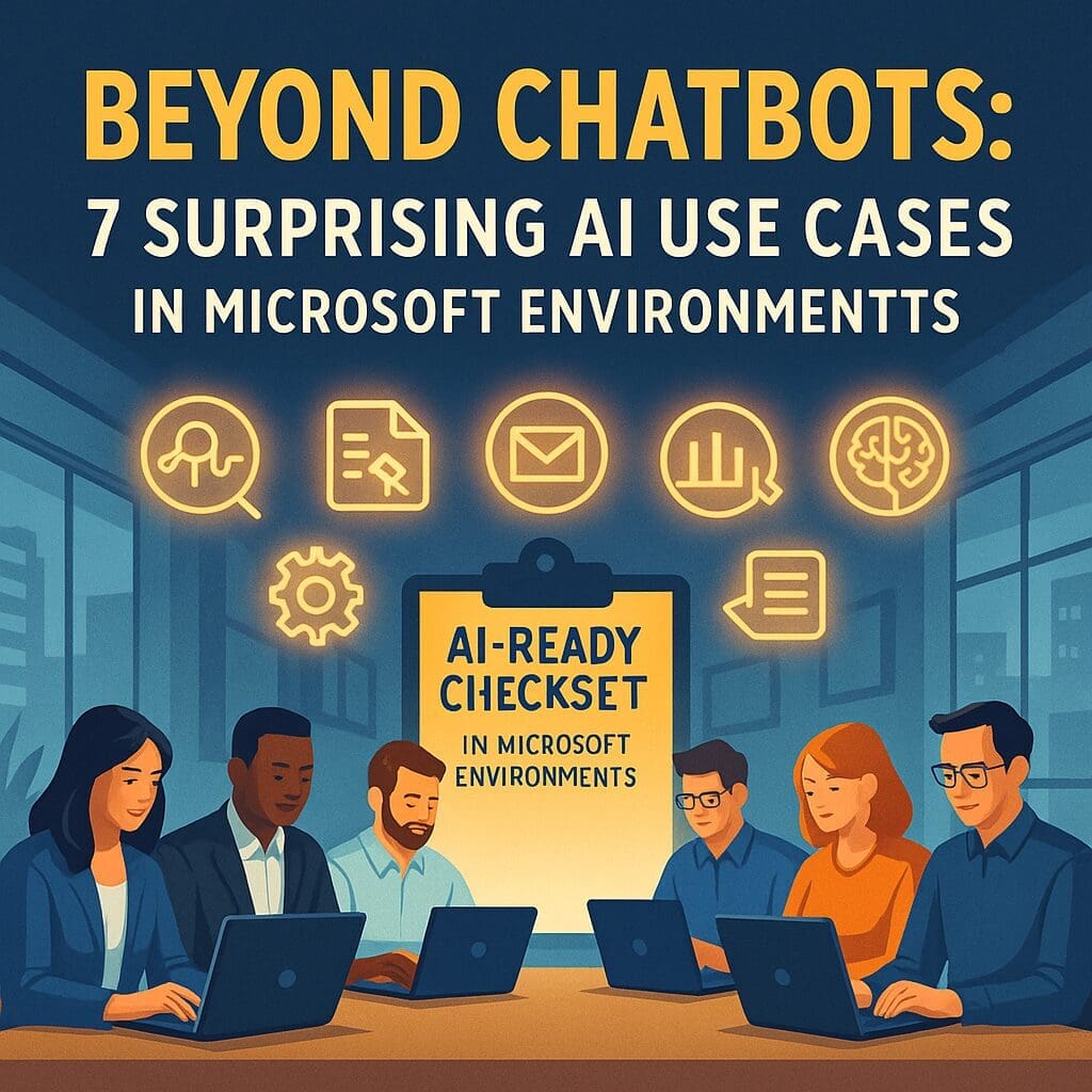 Square image depicting Microsoft AI use cases beyond chatbots, with diverse professionals working on laptops under icons symbolizing data analysis, automation, and intelligence