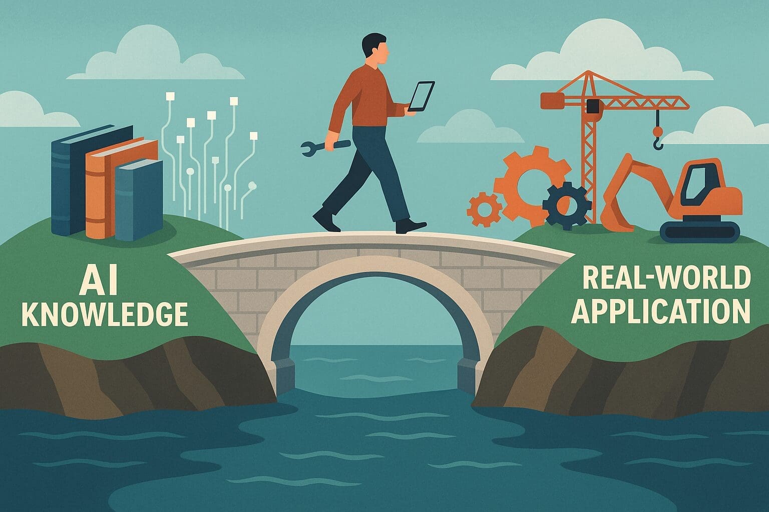 A person walks across a stone bridge connecting two labeled islands: “AI Knowledge” with books and data lines, and “Real-World Application” with gears and construction equipment, symbolizing the gap between theory and practice.