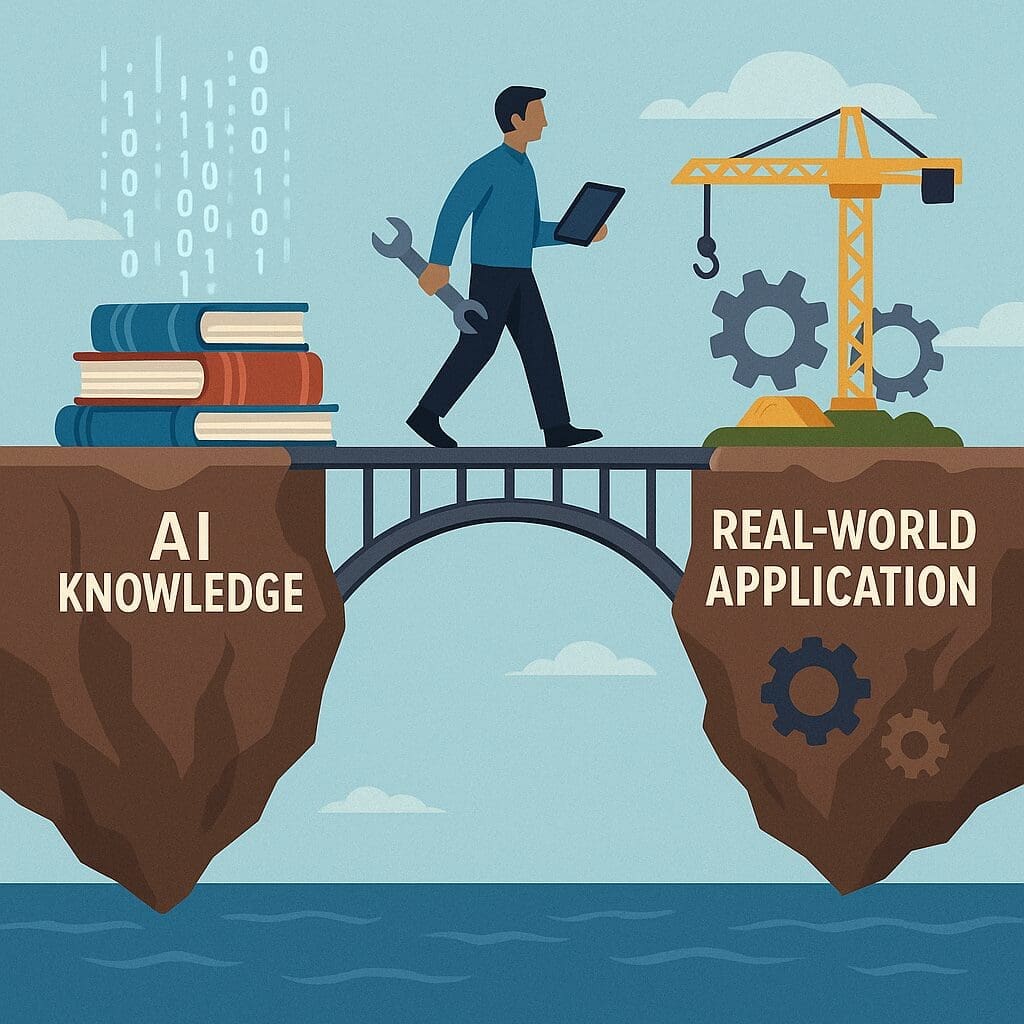 A man carrying a wrench and tablet walks across a metal bridge linking two floating islands—one marked “AI Knowledge” with books and binary code, the other marked “Real-World Application” with a crane and gears—highlighting the role of human integrators.