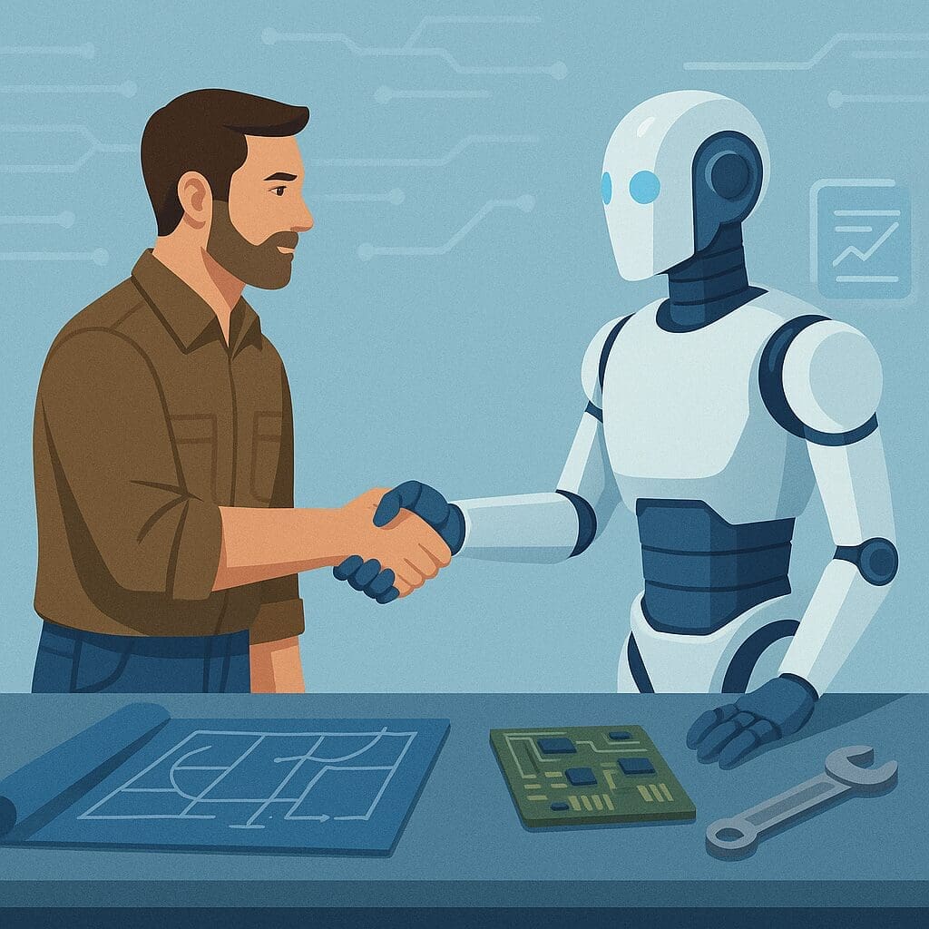 A rugged human engineer shakes hands with a sleek humanoid robot across a workbench scattered with blueprints, circuit boards, and tools, symbolizing human-AI collaboration and integration.