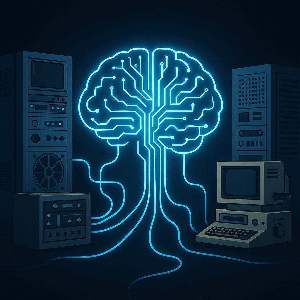 AI brain connected to legacy mainframes and analog devices, symbolizing modern AI integration with legacy systems