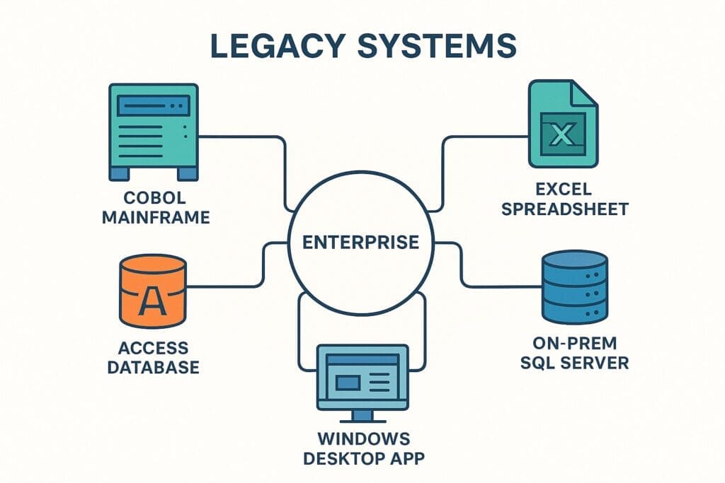 Diagram of common legacy systems including COBOL, Access, Excel, and on-prem databases used in enterprise environments