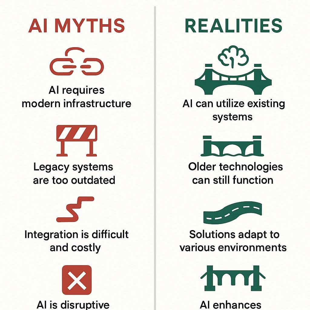 Infographic showing common myths versus realities of AI for legacy systems, with icons representing false assumptions and practical truths