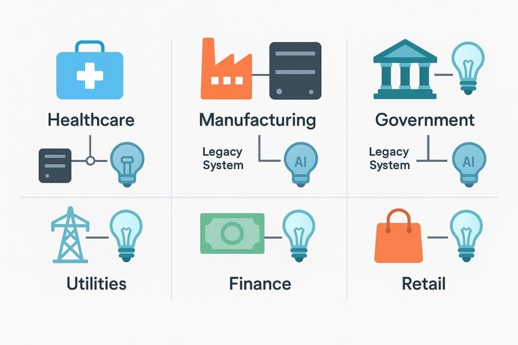 Industry icons representing real-world AI applications in legacy systems across healthcare, manufacturing, government, utilities, finance, and retail