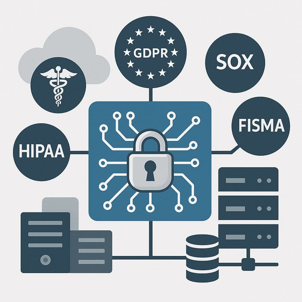 Secure AI deployment illustration showing compliance frameworks like HIPAA, GDPR, and SOX integrated with legacy infrastructure
