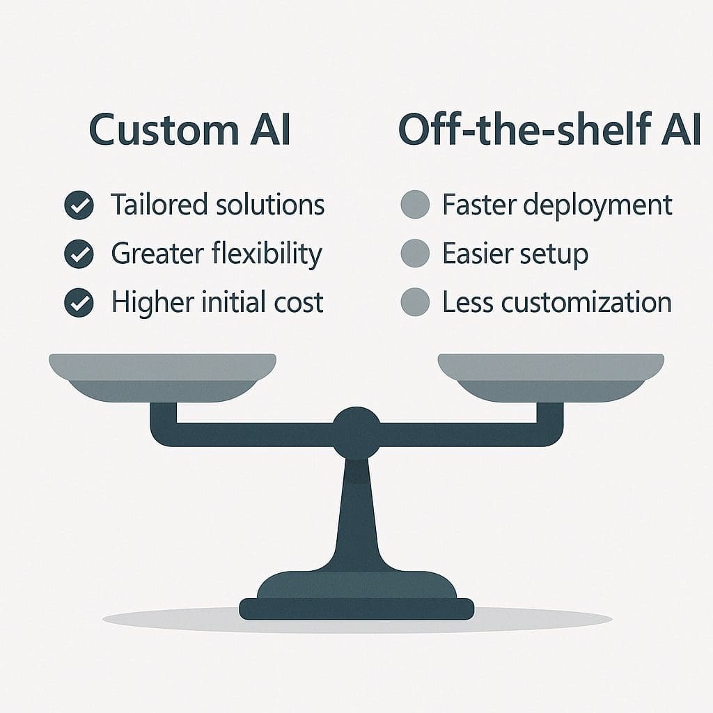 Balanced scale comparing custom-built AI solutions versus off-the-shelf AI products for legacy system integration