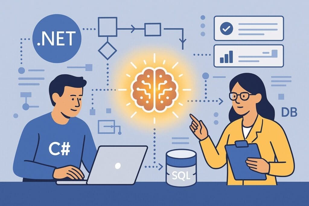 Illustration of a C# developer and DBA collaborating on AI data pipelines using ML.NET, with .NET and SQL elements surrounding an AI brain.