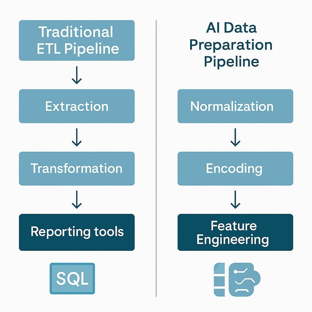 Comparison diagram showing the differences between traditional ETL and AI-focused data preparation pipelines.