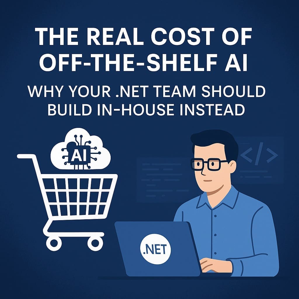 Illustration comparing off-the-shelf AI with custom-built .NET AI solutions, showing a developer at a laptop labeled .NET and a shopping cart containing an AI chip icon.