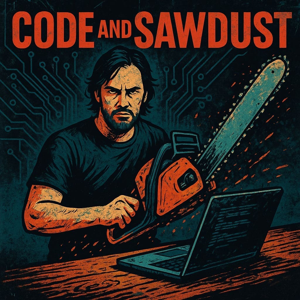 Album cover for ‘Code and Sawdust,’ featuring a gritty illustration of a man with a chainsaw and laptop, representing AI development by day and sawmill work by night, inspired by nu metal music