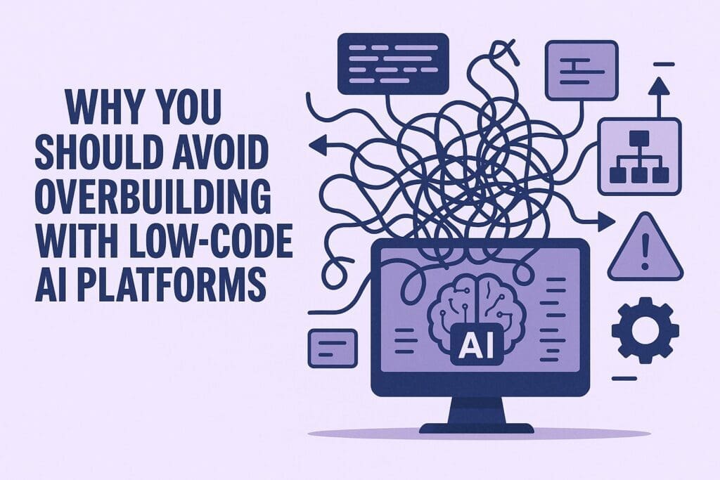 illustration of AI workflow with tangled wires symbolizing risks of low-code overbuilding