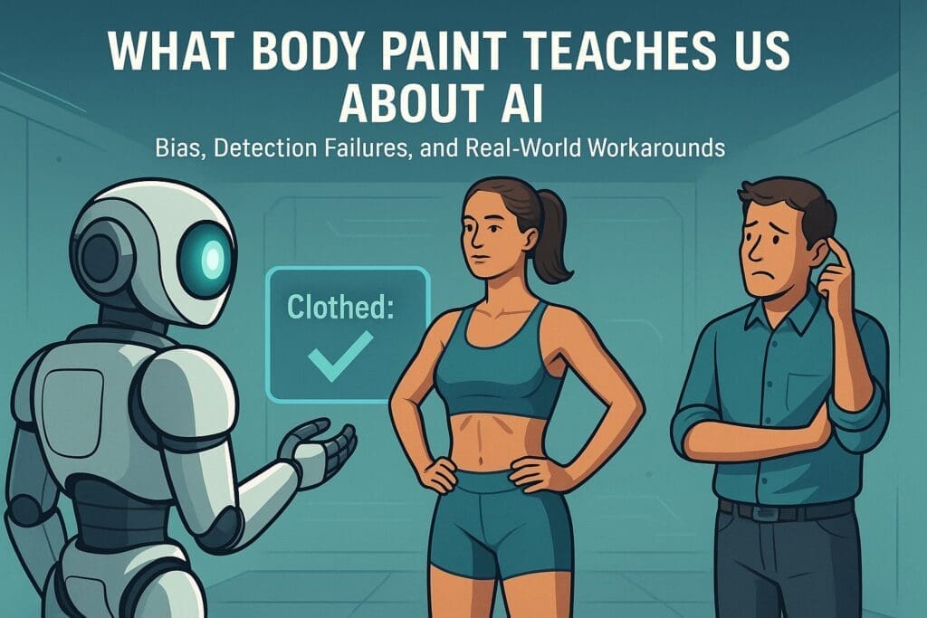 Illustration of an AI robot analyzing a body-painted woman labeled as clothed, while a human observer looks confused—visual metaphor for AI nudity detection bias and real-world system workarounds.