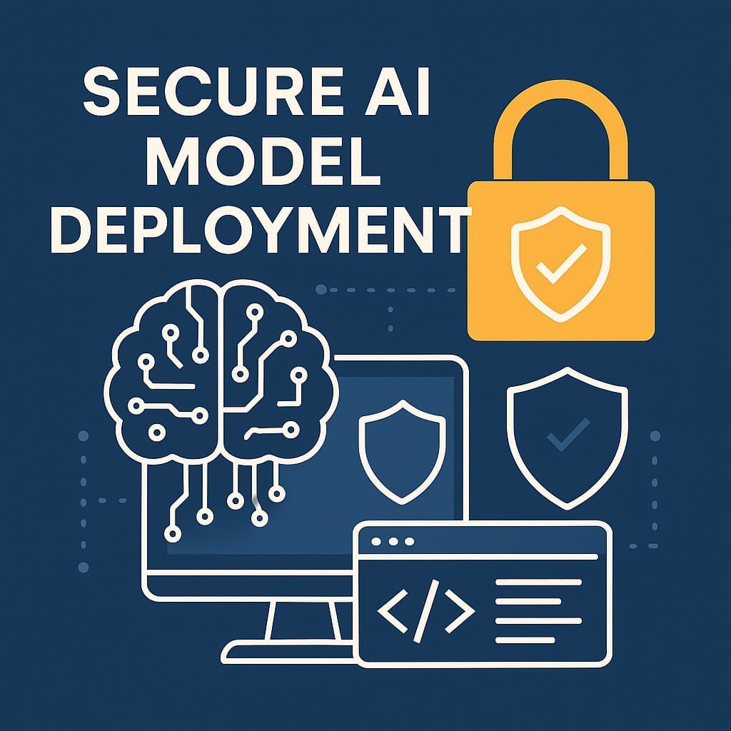 Flat design illustration showing a secure AI model deployment concept, featuring a padlock, shield icons, AI brain graphic, and code window on a dark blue background.