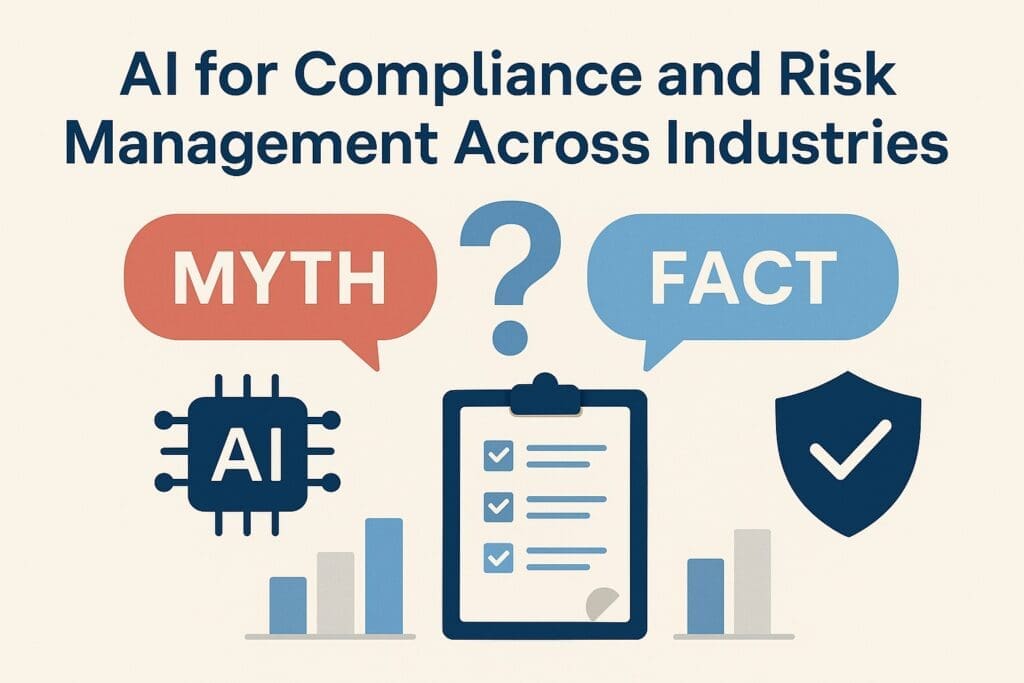 Flat design illustration showing myths vs. facts in AI compliance and risk management, featuring speech bubbles, AI chip, and compliance checklist.