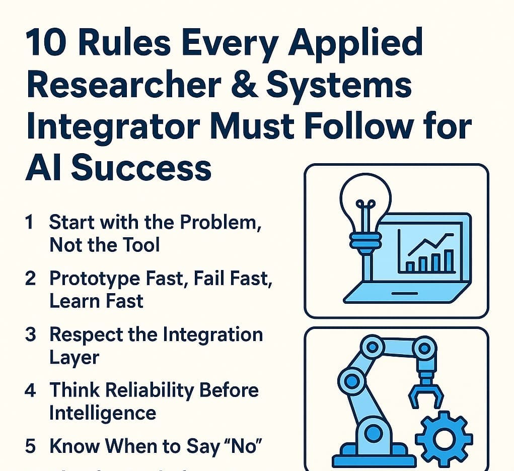Infographic titled '10 Rules Every Applied Researcher & Systems Integrator Must Follow for AI Success' with illustrated icons representing innovation, robotics, collaboration, documentation, and engineering.