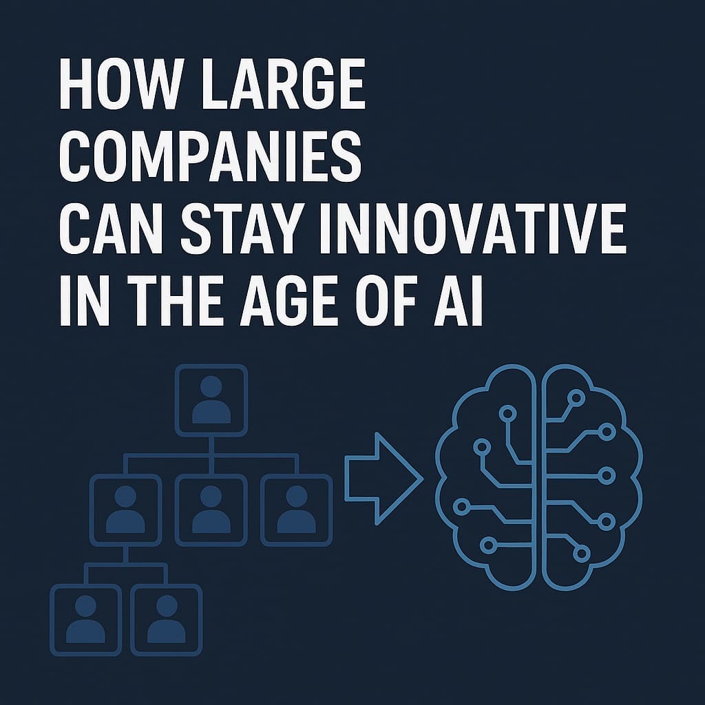 ChatGPT Image Sep 18 2025 094951 AM AI n Dot Net Graphic showing a corporate hierarchy chart transforming into an AI brain, symbolizing how large companies can stay innovative in the age of AI.
