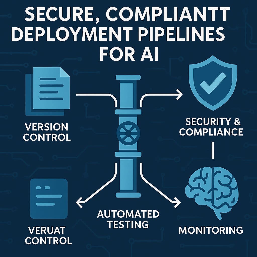 Infographic of secure, compliant deployment pipelines for AI showing version control, automated testing, monitoring, and security & compliance.