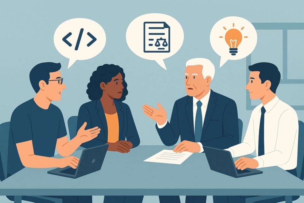 Illustration of developers and executives in a meeting, speaking different languages (code vs legal terms), symbolizing AI team communication challenges.