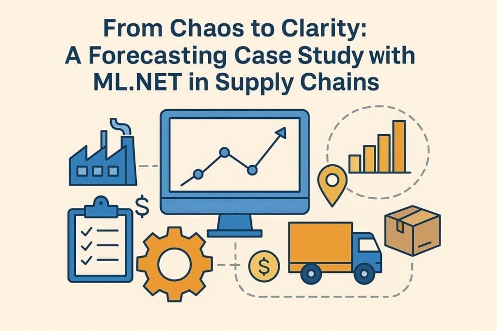Infographic showing supply chain elements—factory, trucks, boxes, charts, and an AI-powered forecast dashboard—representing ML.NET forecasting improvements.