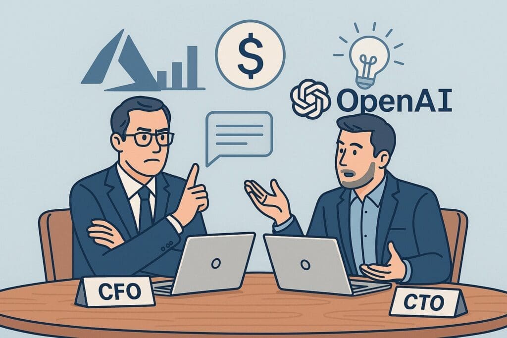 Illustration of a CFO and CTO debating Azure OpenAI cost optimization strategies.
