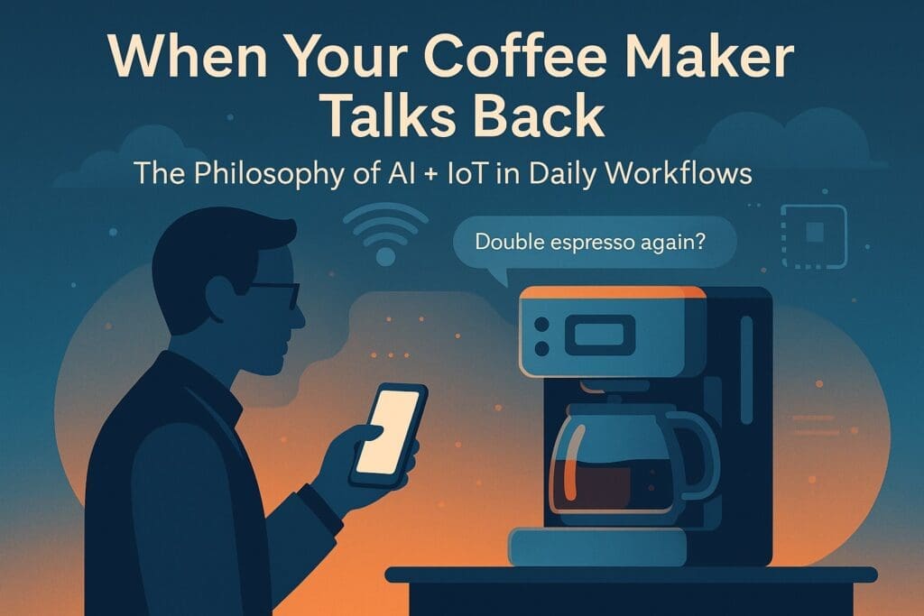 A philosophical exploration of how AI and IoT integration shapes modern workflows, reflecting on human purpose, ethics, and awareness in an increasingly connected world.