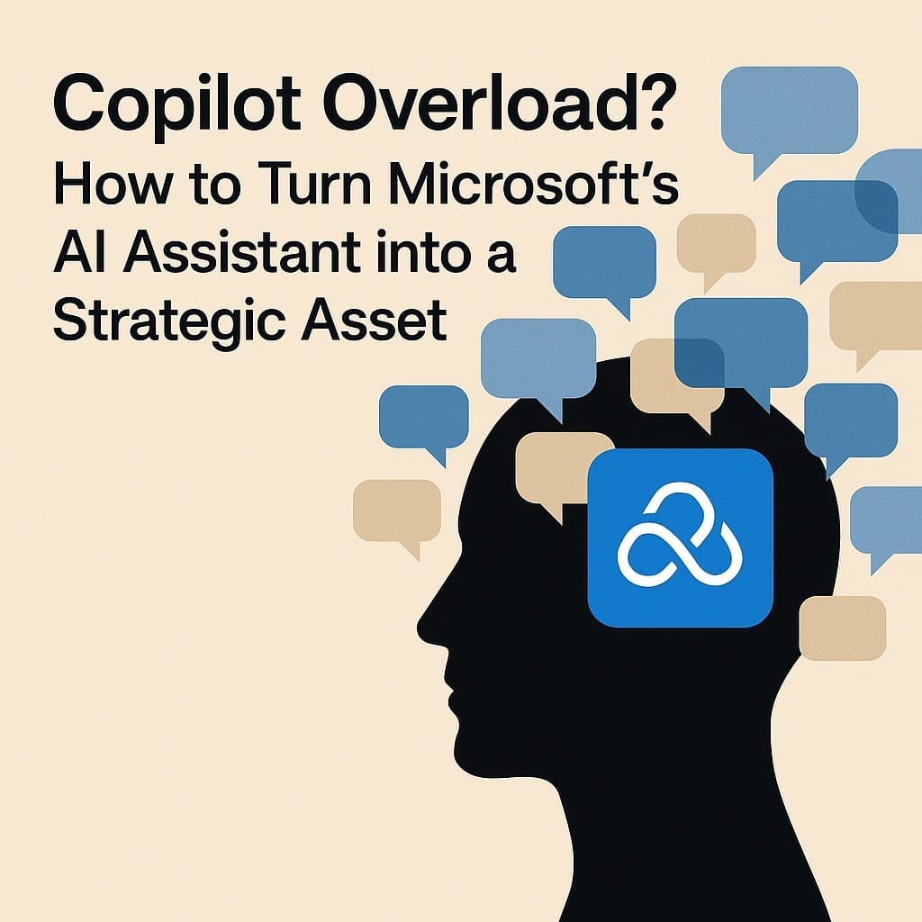 Minimalist illustration showing a human head silhouette with the Microsoft Copilot logo inside, surrounded by colorful speech bubbles. The image visually represents “Copilot Overload” — symbolizing AI conversations, information flow, and how Microsoft’s Copilot in Office and Teams can become a strategic asset.