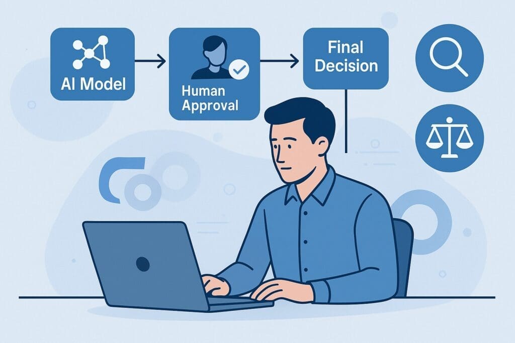 Illustration of a human reviewing AI decisions in a workflow using Human-in-the-Loop design principles