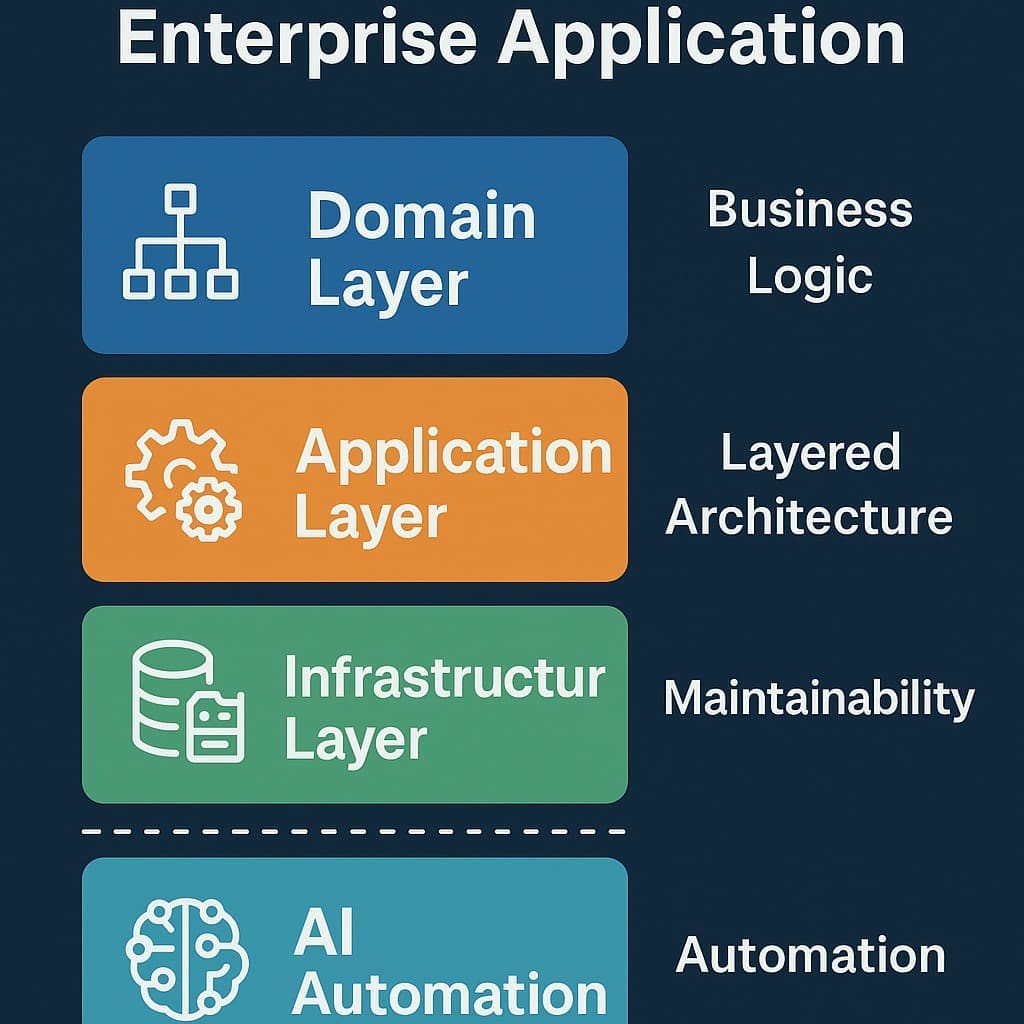 Futuristic digital illustration of a multi-layered .NET software architecture showing database, infrastructure, application, and domain layers with the domain layer glowing as the heart of the system. A professional software architect analyzes the holographic display representing AI-assisted enterprise application design.