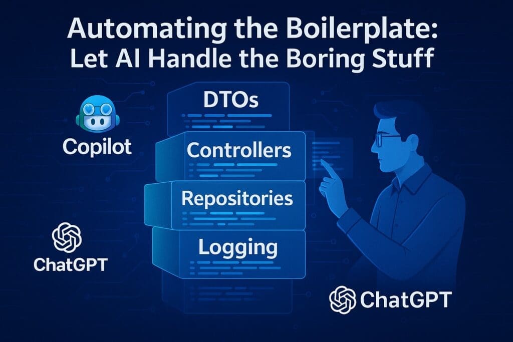 Digital illustration of a software developer using AI tools like Copilot and ChatGPT inside Visual Studio to auto-generate boilerplate .NET code, including controllers, DTOs, repositories, and unit tests, representing AI automation in programming