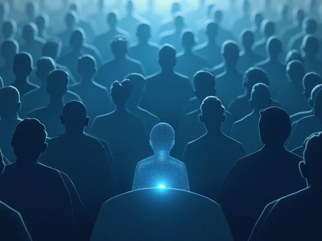 a large crowd of stylized blue-and-grey silhouettes, with a smaller subset glowing or highlighted in LinkedIn blue to represent AI users. Add a soft AI-themed overlay such as circuit lines or neural-network mesh. Clean, modern, minimalist composition suitable for a professional blog header.