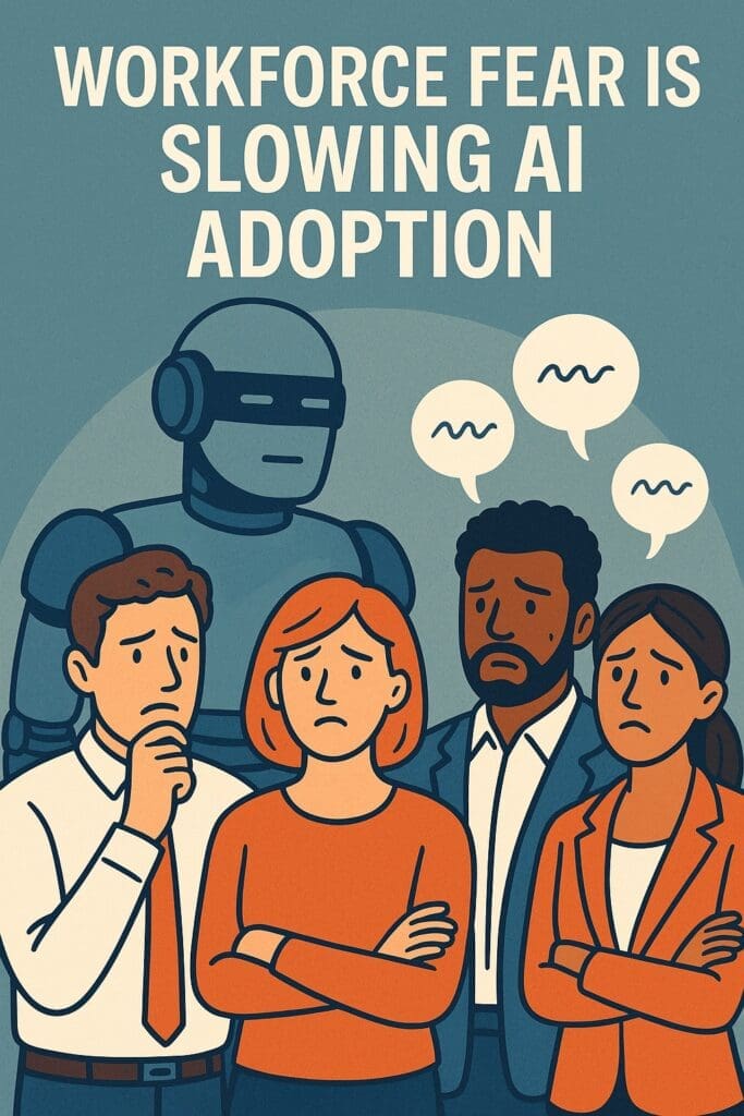 Workforce fear of AI shown through anxious employees and a looming robot, highlighting resistance to AI adoption in the workplace.
