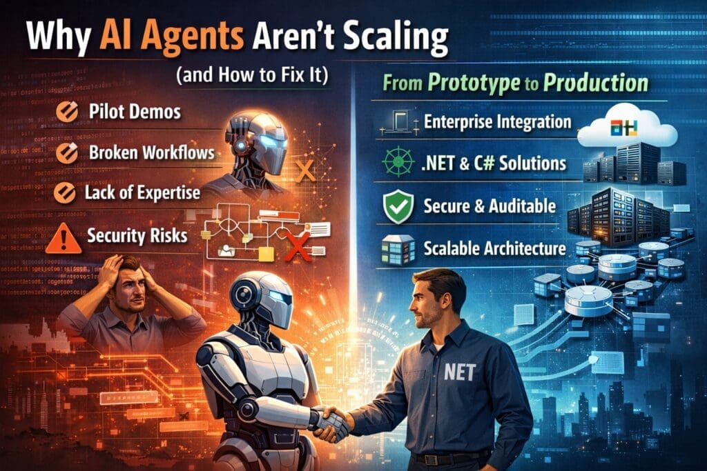 Visual comparison of AI agents failing to scale due to pilot demos, broken workflows, and security risks versus enterprise AI agents built with .NET, Microsoft tools, and scalable architecture.