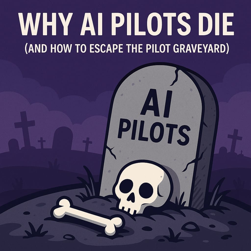 Cartoon-style graphic of a tombstone labeled ‘AI Pilots’ with a skull and bone in a graveyard, representing why AI pilots fail and end up in the pilot graveyard.