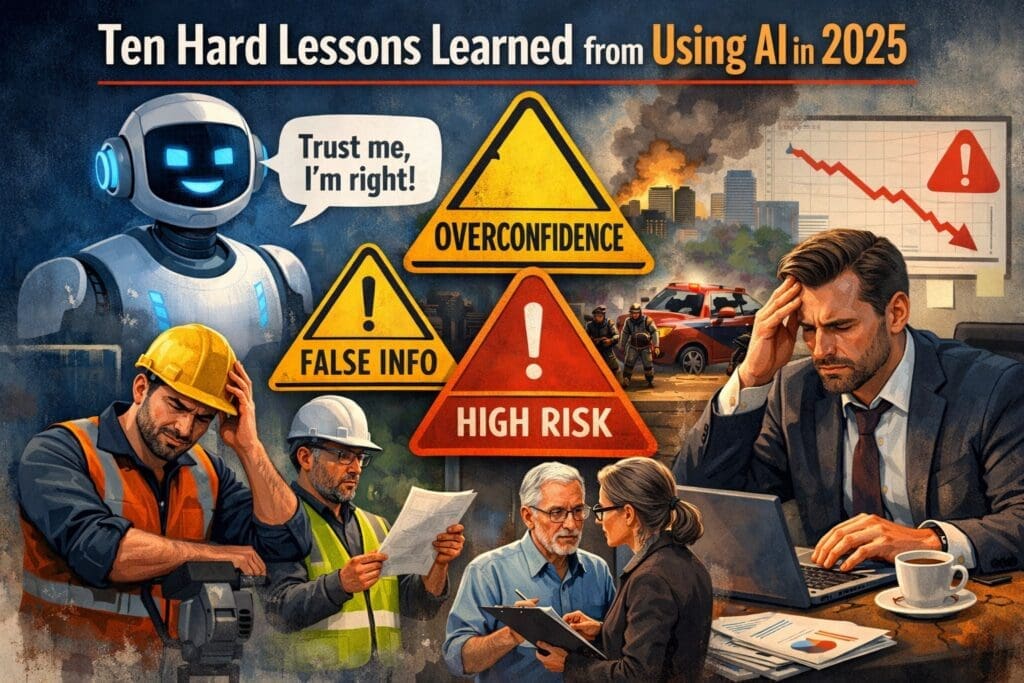 Illustration showing professionals and construction workers dealing with AI overconfidence, false information, and high-risk decisions, representing hard lessons learned from using AI in 2025.