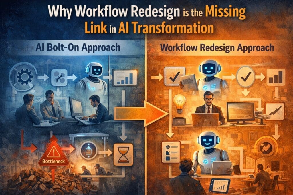 Illustration comparing an AI bolt-on approach with a workflow redesign approach, showing how redesigned workflows integrate AI more effectively in business transformation.