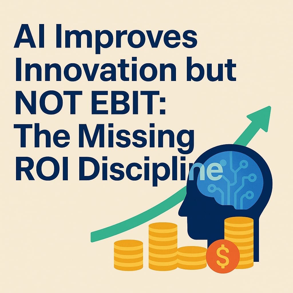 Illustration showing an upward financial arrow, stacked gold coins, and a human head with a circuit-brain symbol, representing the idea that AI improves innovation but not EBIT without ROI discipline.