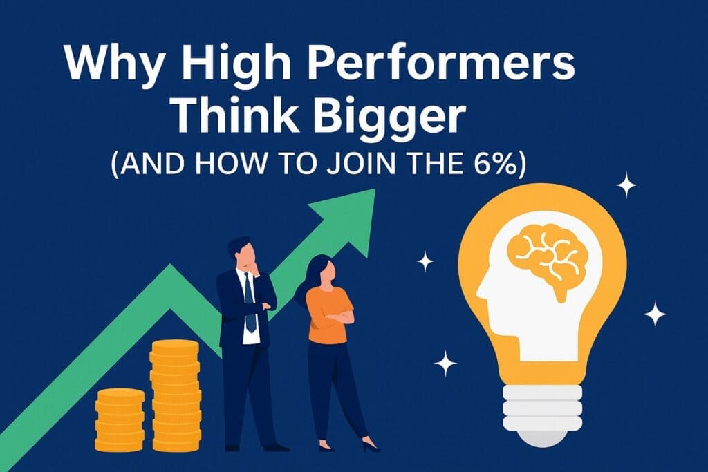 A flat-style digital illustration featuring two business professionals standing next to stacks of gold coins and a large upward green arrow, representing business growth. On the right, a glowing light bulb with a brain silhouette inside symbolizes strategic thinking and innovation. The title text reads “Why High Performers Think Bigger (And How to Join the 6%)"