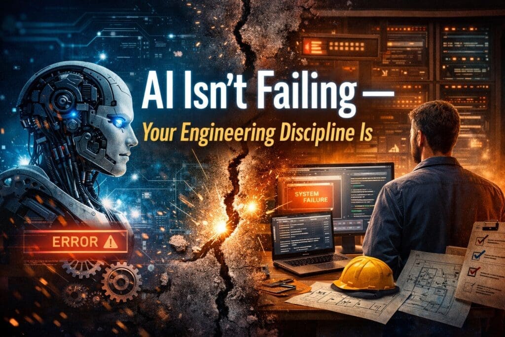 Illustration showing an AI system on one side and an engineer diagnosing a failing production system on the other, representing how engineering discipline—not AI—causes failures in production.