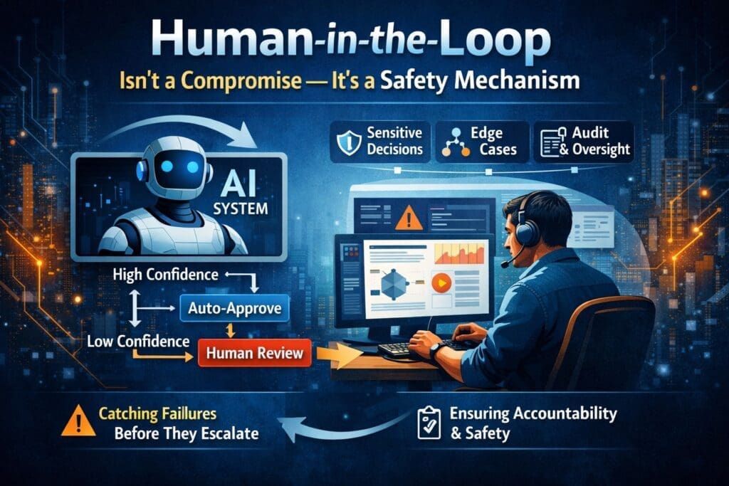 Illustration showing an AI system routing high-confidence decisions automatically while escalating low-confidence, high-risk cases to a human reviewer for oversight and accountability.
