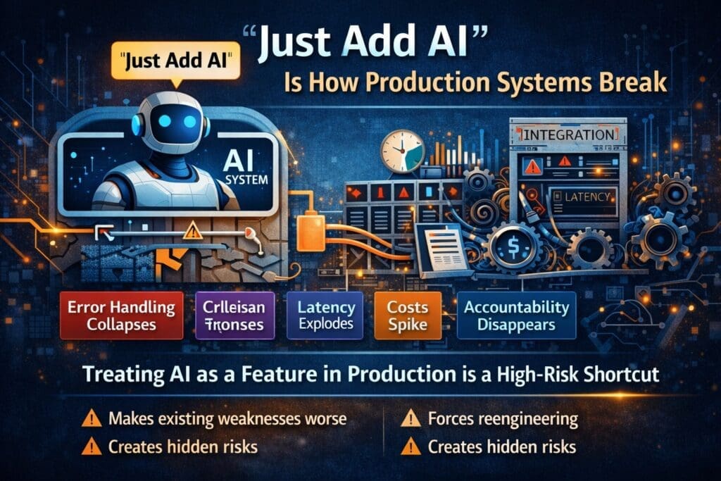 Infographic showing how the “just add AI” mindset causes production system failures, including error handling collapse, latency spikes, rising costs, and loss of accountability.