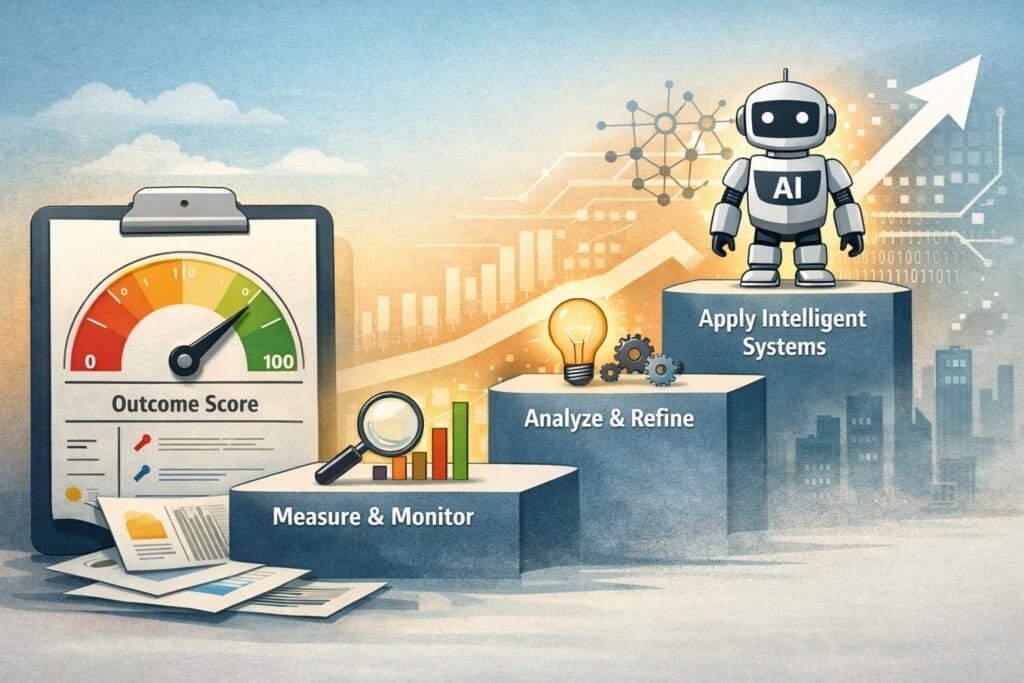 Diagram showing a practical AI adoption process, starting with an outcome score, then measurement and analysis, and finally applying intelligent systems.