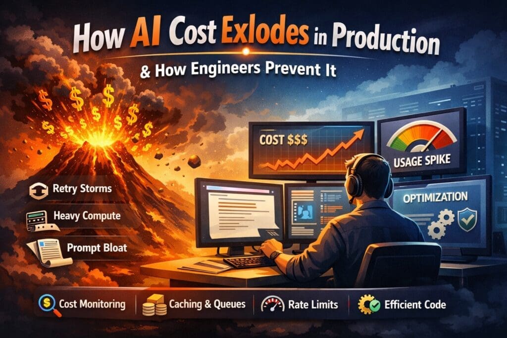 Illustration showing AI costs exploding in production while an engineer monitors dashboards to control usage, retries, and optimization.