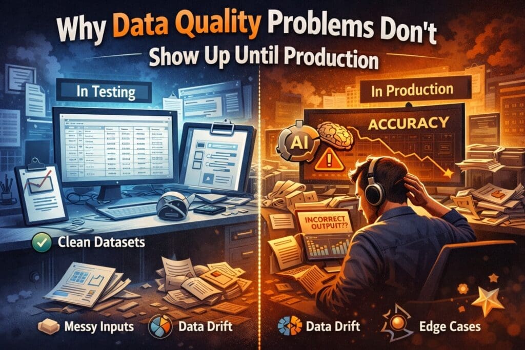 Illustration comparing clean test data with messy production data, showing data drift and accuracy issues in an AI system.